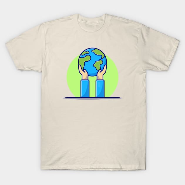 Hand Holding Earth Cartoon Vector Icon Illustration T-Shirt by Catalyst Labs